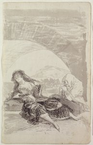 Maja og Celestina under en bue (grå og sort blyant på papir) af Francisco de Goya